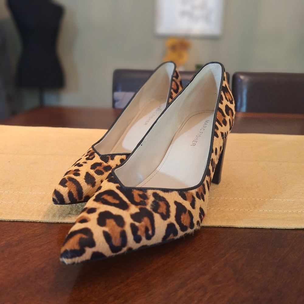 Leopard Print Pointed Leather And Real Fur Women's Block Heels 6.5